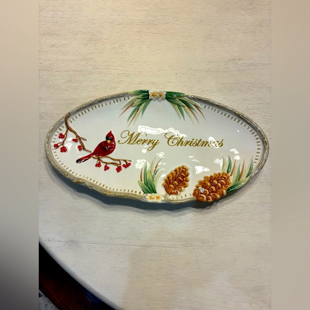 Festive Holiday Oval Platter with Cardinal and Pinecones by Fritz and Floyd.